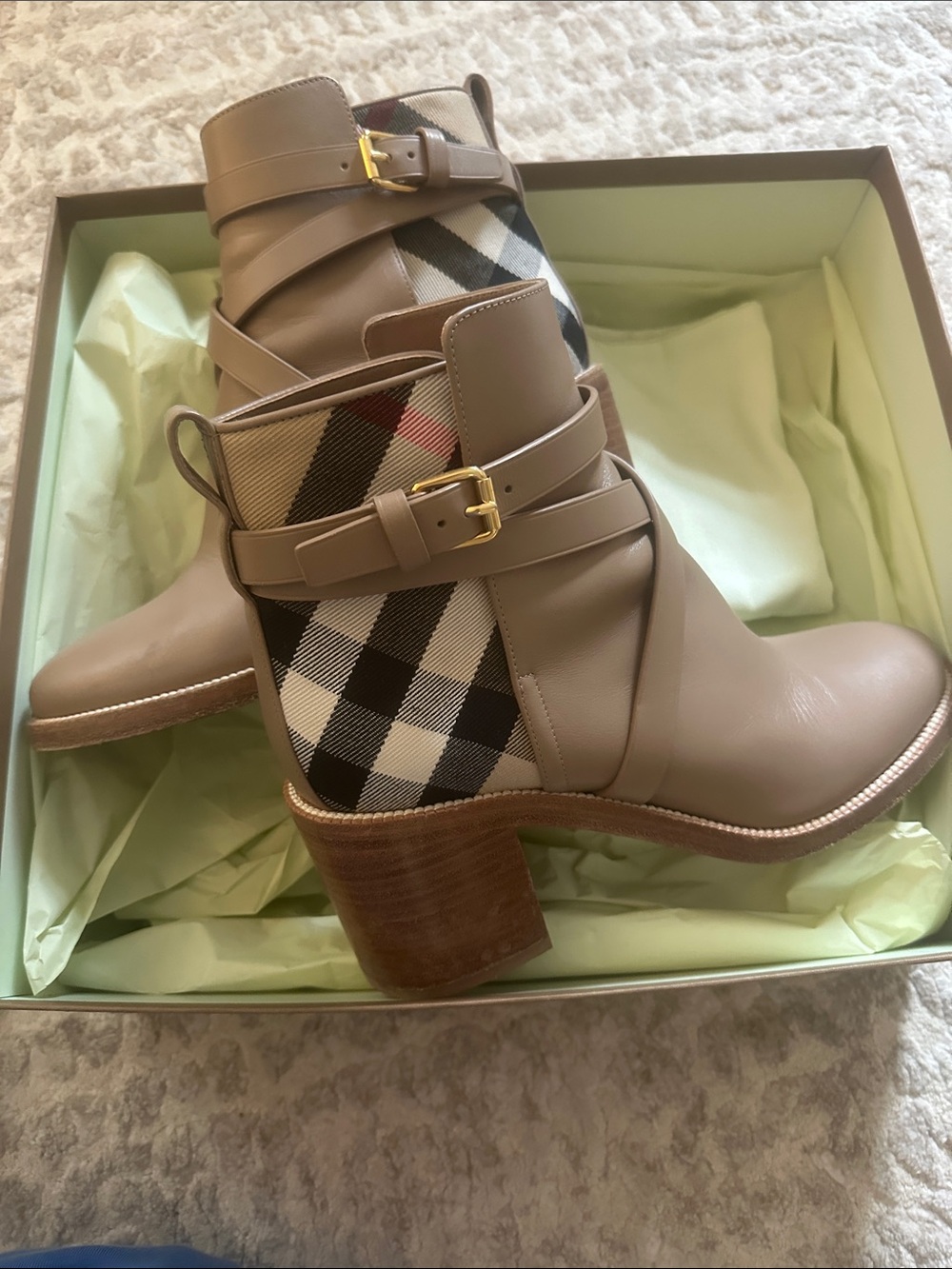 Burberry Taupe Leather Ankle Boots with Signature Check Panels